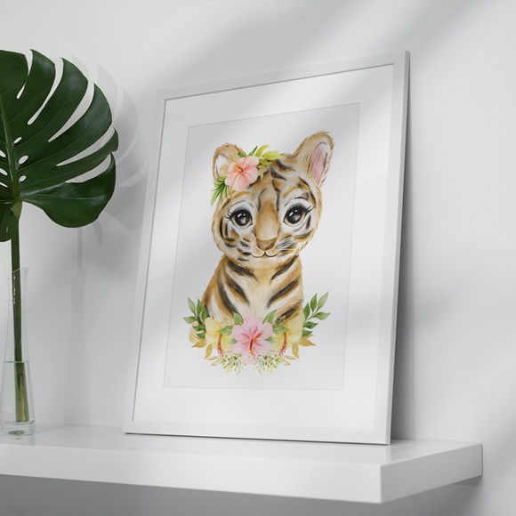 Cute Watercolor Floral Tiger Wall Art Print Poster Unframed - Picture 4 of 9